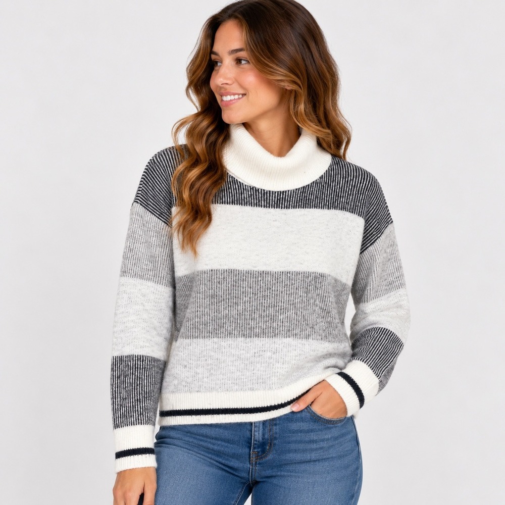 Liz Claiborne Womens S Gray White Colorblock Striped Turtleneck Sweater Knit